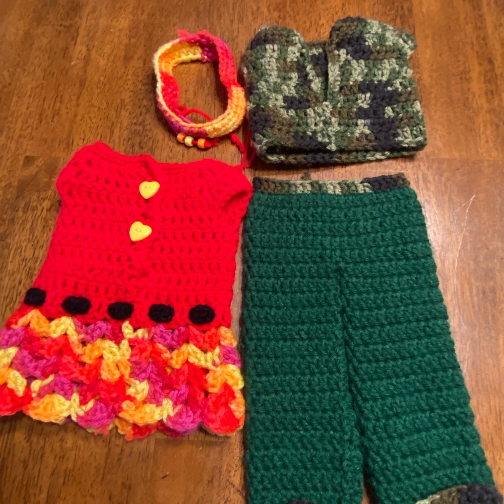 Handmade, Colorful Crochet outfits for 18 inch dolls. AG and our generation